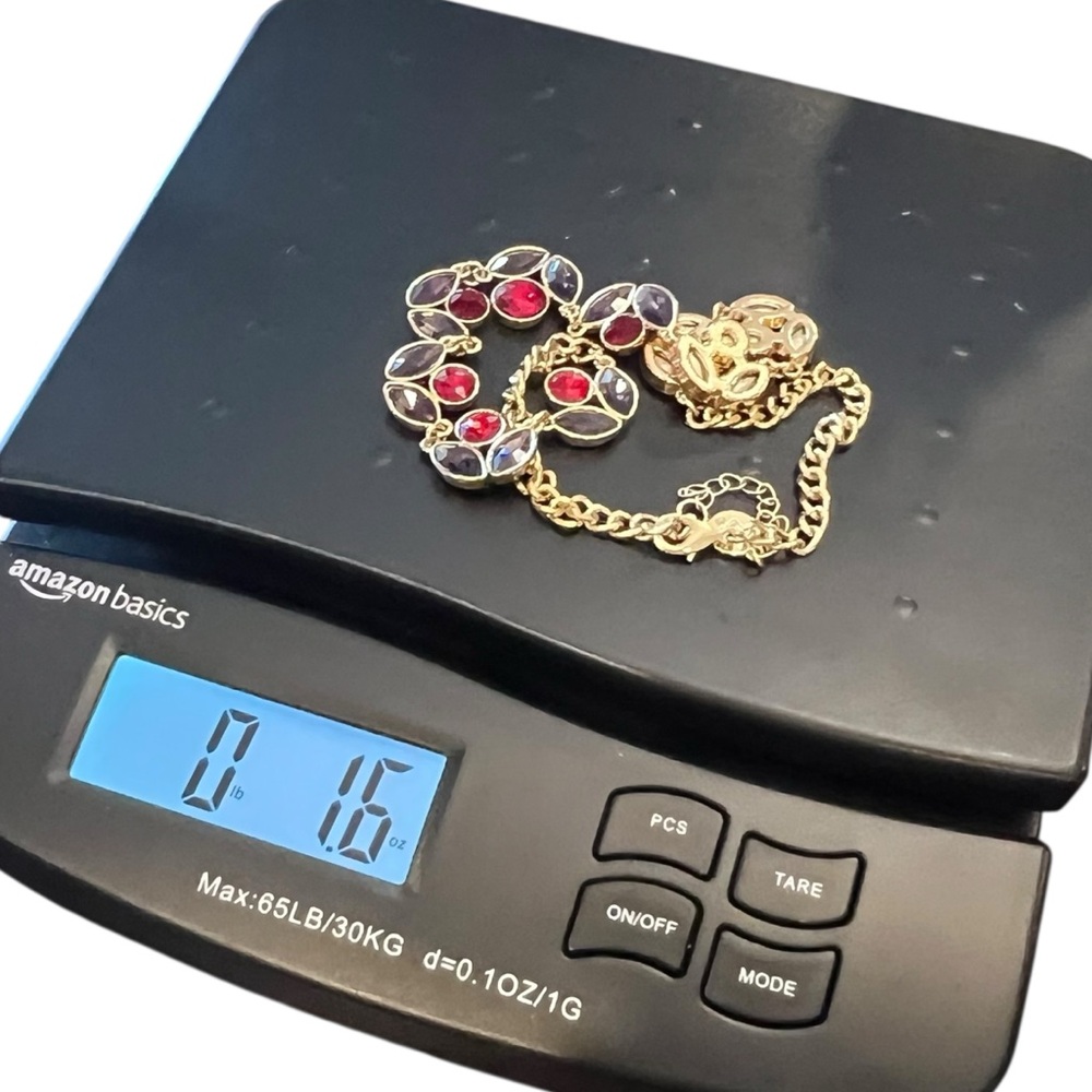 Liz Claiborne Statement Necklace Signed Red Purple Stone Flowers‎ Gold Tone 20” - Picture 11 of 14